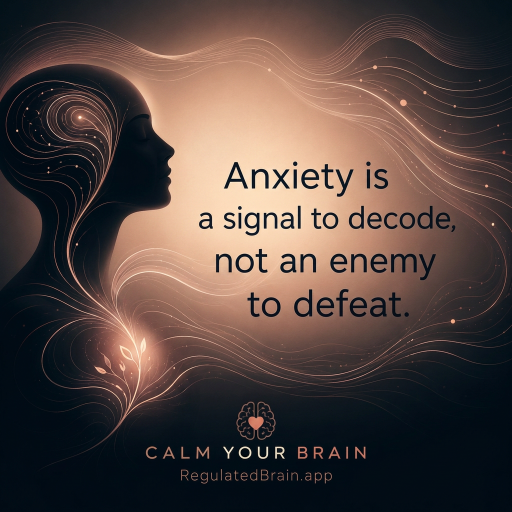 Calm Your Brain quote graphic: a serene silhouette with rose-gold neural waves and the words “Anxiety is a signal to decode, not an enemy to defeat.”