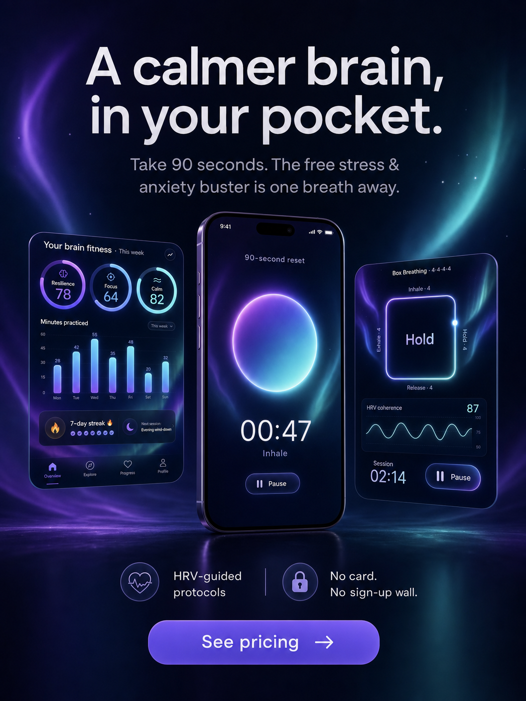Calm Your Brain app preview — brain fitness dashboard, 90-second reset breathing orb, and HRV-guided box breathing session